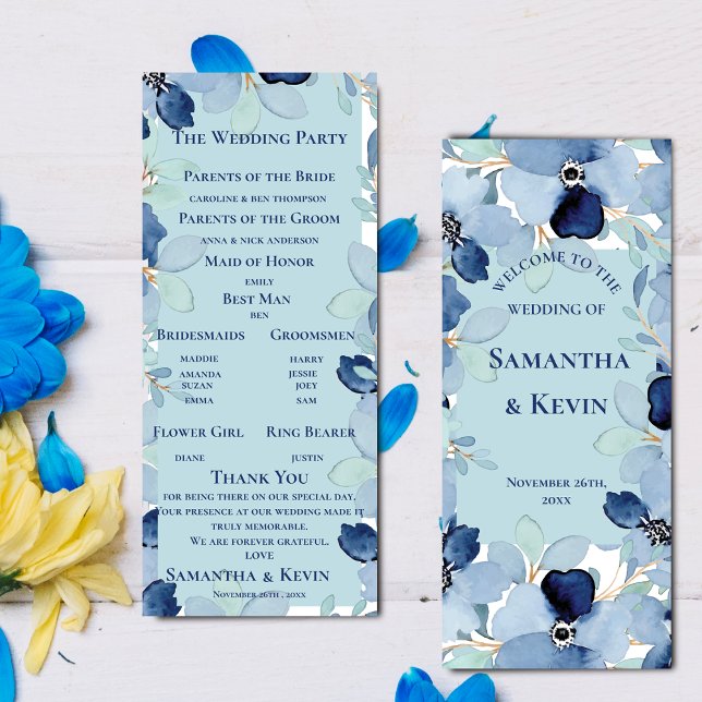 Elegant Watercolor Blue Floral wedding Program Invitation (Elegant Watercolor Blue Floral wedding Program)