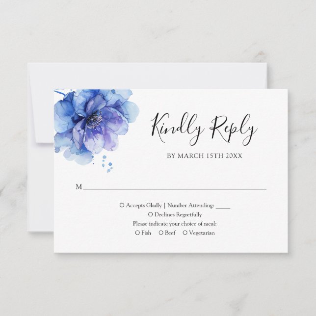 Elegant Watercolor Blue Floral Wedding RSVP Card (Front)