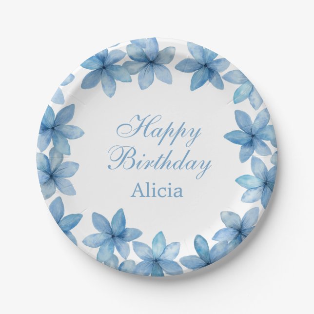 Elegant Watercolor Blue Flower Any Age Birthday Paper Plate (Front)