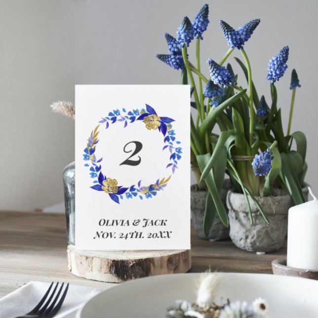 Elegant Watercolor Blue Flower Wedding  Table Number (wedding reception table number card, Blue and gold, Floral wreath, wold flowers)