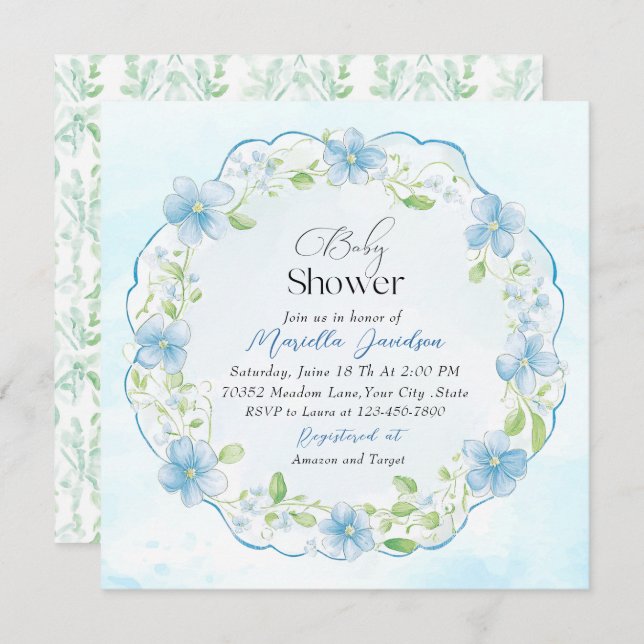 Elegant Watercolor Blue Flowers Baby Shower Invitation (Front/Back)