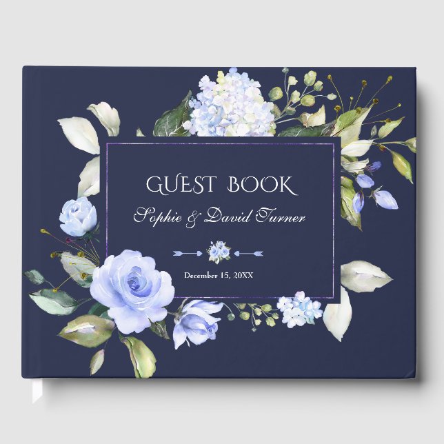 Elegant Watercolor Blue Flowers Frame Navy Wedding Guest Book (Front)