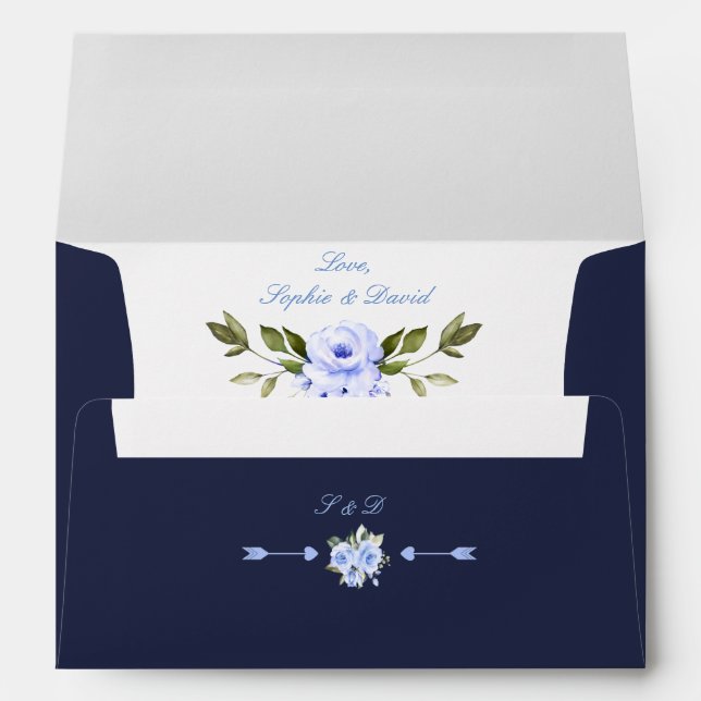 Elegant Watercolor Blue Flowers Frame Wedding Envelope (Back (Bottom))