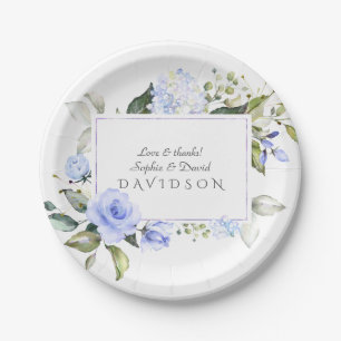 Elegant Watercolor Blue Flowers Frame Wedding Paper Plate