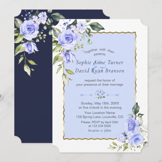 Elegant Watercolor Blue Flowers Navy Blue Wedding Invitation (Front/Back)