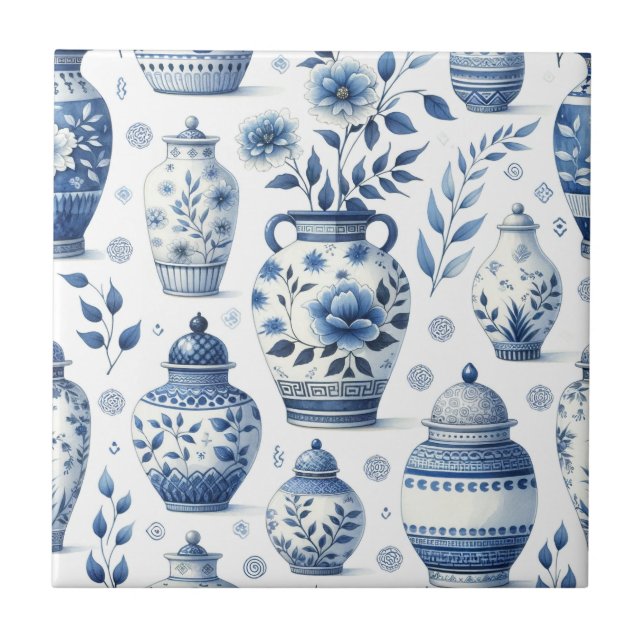 Elegant Watercolor Blue Ginger Jar Pattern Tile (Front)