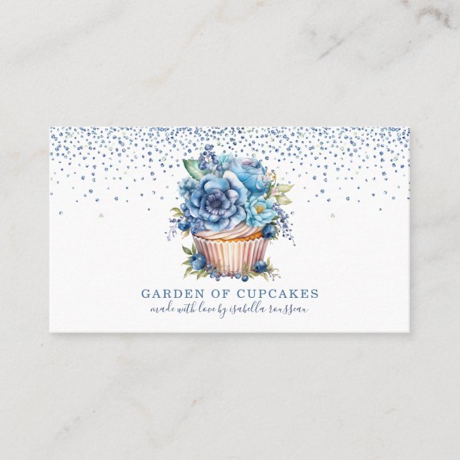 Elegant Watercolor Blue Glitter Floral Cupcake Business Card (Front)