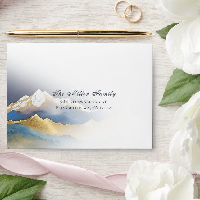 Elegant Watercolor Blue Gold Foil Mountain Wedding Envelope (Wedding)