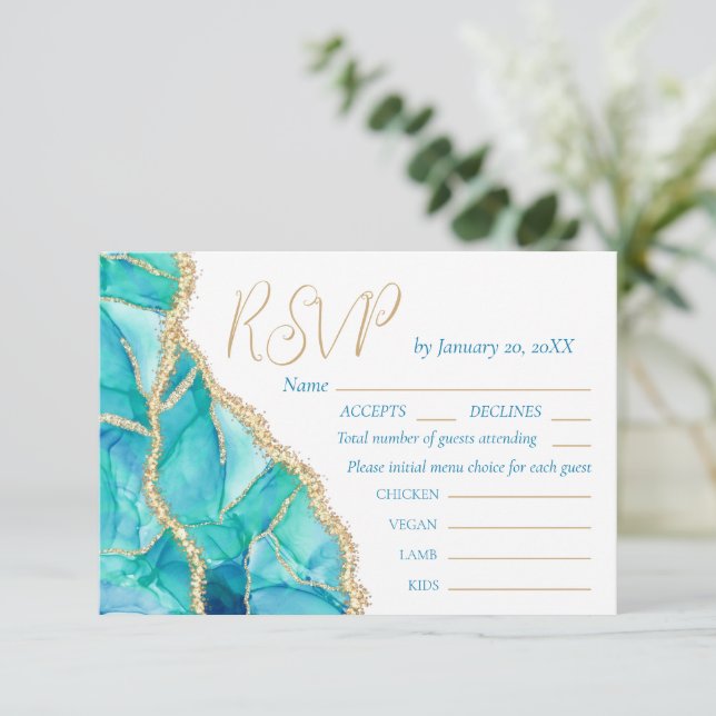 Elegant Watercolor Blue Gold Glitter Wedding RSVP Card (Standing Front)