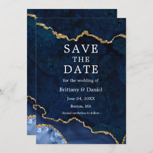Elegant Watercolor Blue Gold Marble Agate Geode Save The Date