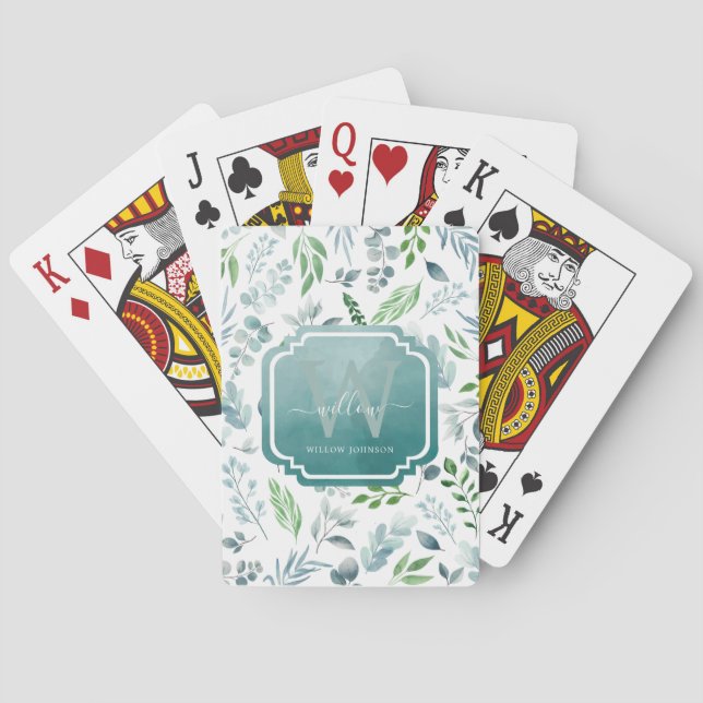 Elegant Watercolor Blue Green Leaves Foliage Playing Cards (Back)