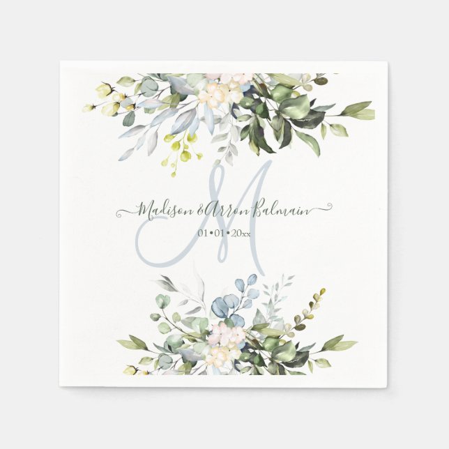 Elegant Watercolor Blue Gum Eucalyptus Monogram Napkin (Front)