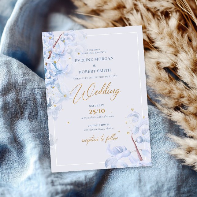 Elegant watercolor blue hyacinth faux gold  invitation (Elegant watercolor blue hyacinth faux gold invitation)