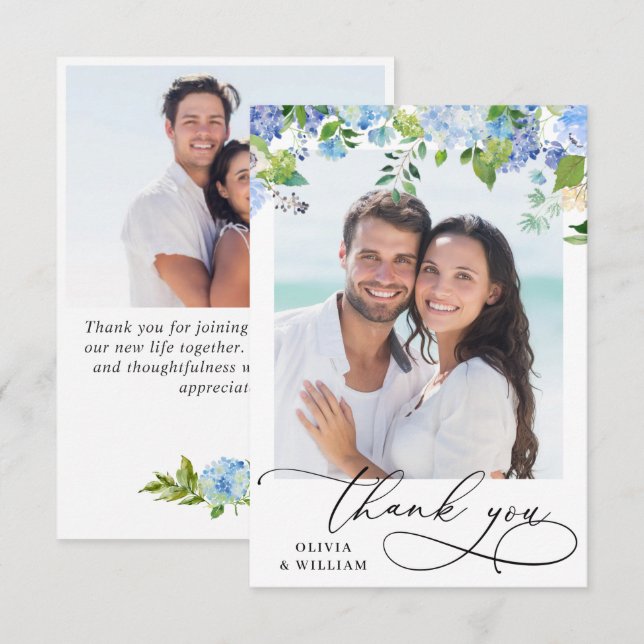 Elegant Watercolor Blue Hydrangea 2 Photo Thank You Card (Front/Back)