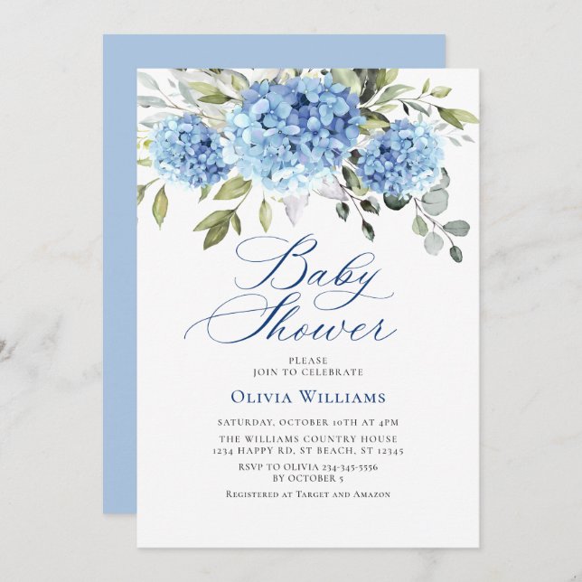 Elegant Watercolor Blue Hydrangea Baby Shower Invitation (Front/Back)