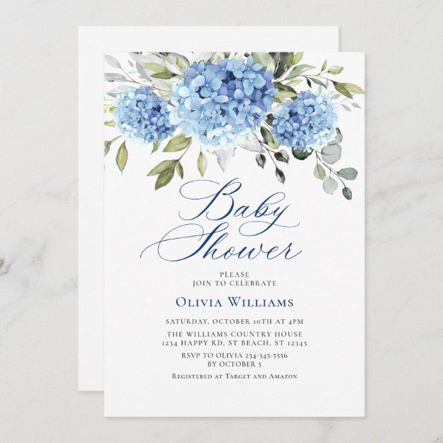 Elegant Watercolor Blue Hydrangea Baby Shower Invitation (Front/Back)