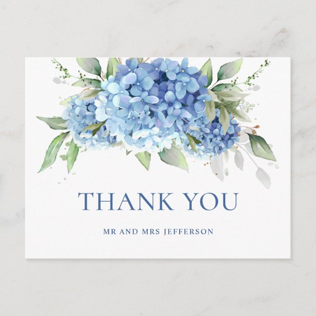 Elegant Watercolor Blue Hydrangea Boho Thank You Postcard (Front)