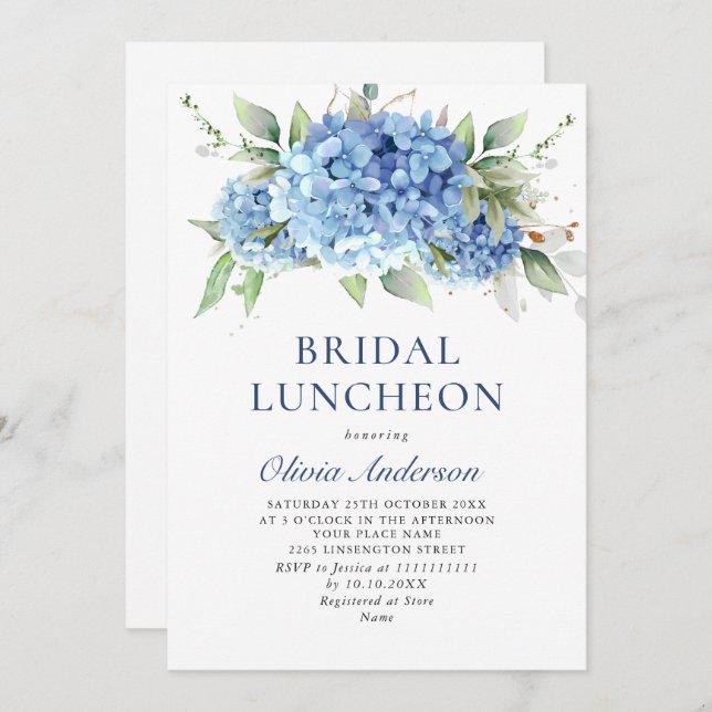 Elegant Watercolor Blue Hydrangea BRIDAL LUNCHEON Invitation (Front/Back)