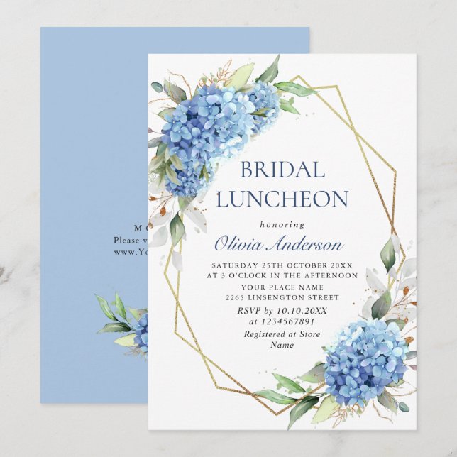 Elegant Watercolor Blue Hydrangea BRIDAL LUNCHEON Invitation (Front/Back)