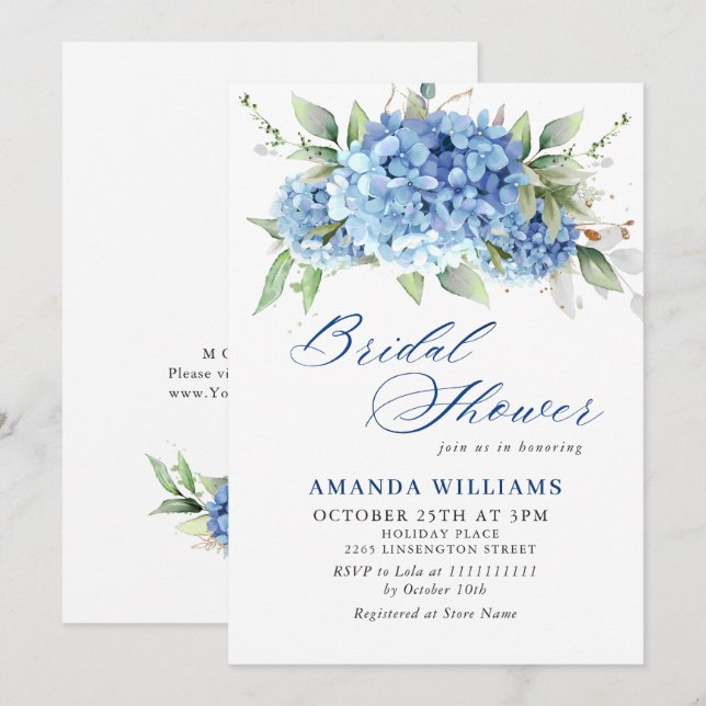 Elegant Watercolor Blue Hydrangea BRIDAL SHOWER Invitation (Front/Back)