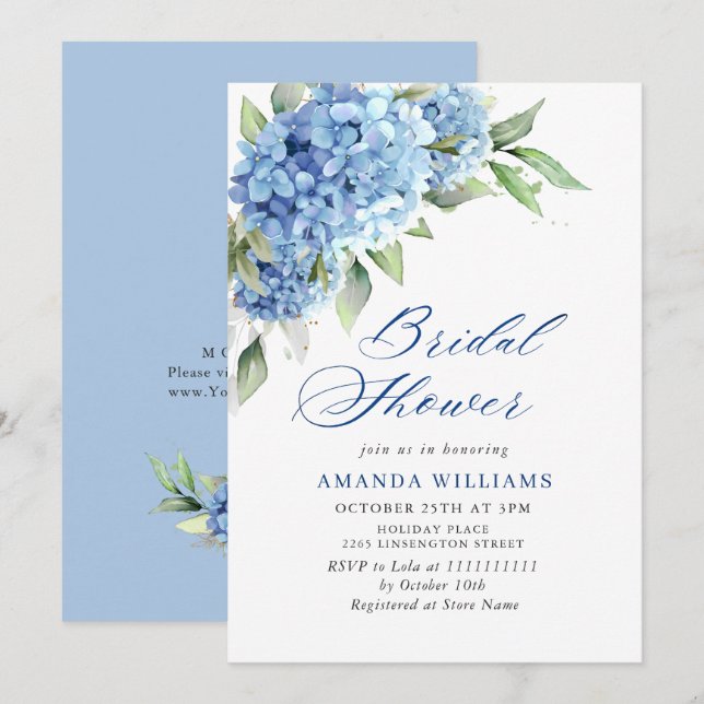 Elegant Watercolor Blue Hydrangea BRIDAL SHOWER Invitation (Front/Back)