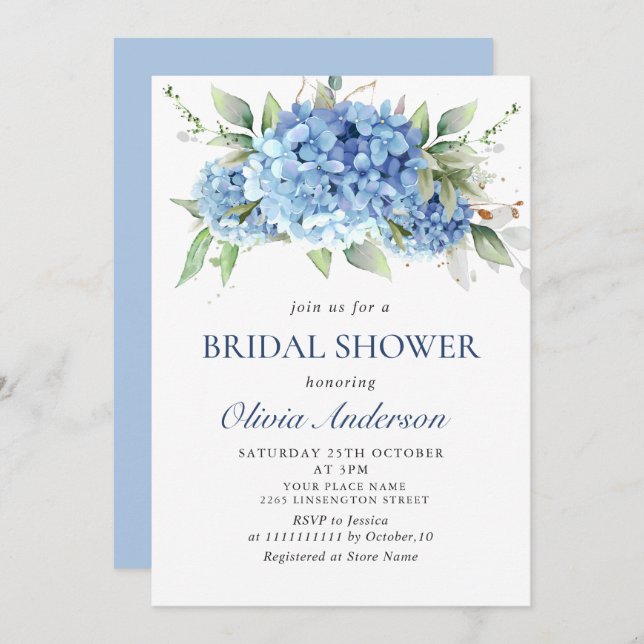 Elegant Watercolor Blue Hydrangea BRIDAL SHOWER Invitation (Front/Back)