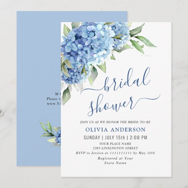Elegant Watercolor Blue Hydrangea BRIDAL SHOWER Invitation (Front/Back)