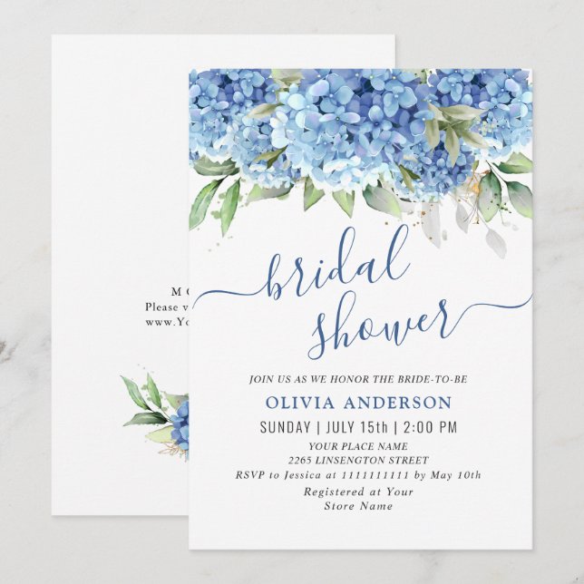 Elegant Watercolor Blue Hydrangea BRIDAL SHOWER Invitation (Front/Back)