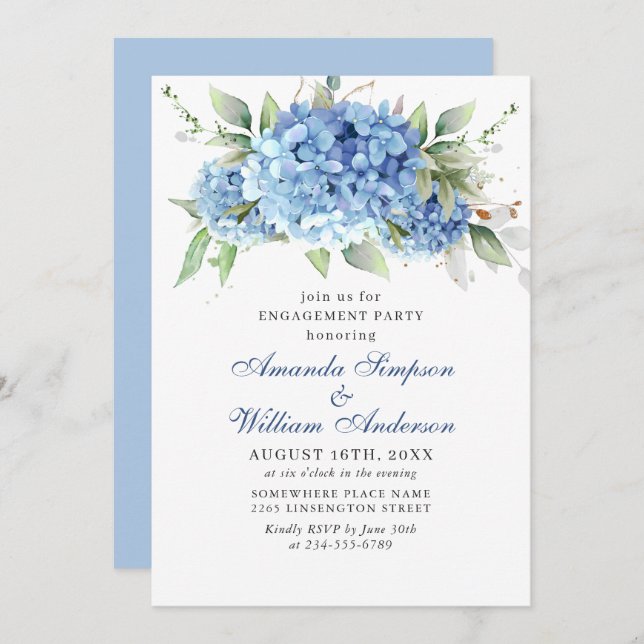 Elegant Watercolor Blue Hydrangea ENGAGEMENT PARTY Invitation (Front/Back)
