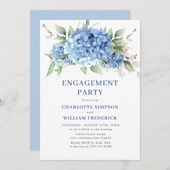 Elegant Watercolor Blue Hydrangea ENGAGEMENT PARTY Invitation (Front/Back)