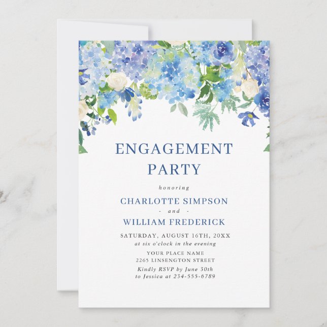 Elegant Watercolor Blue Hydrangea ENGAGEMENT PARTY Invitation (Front)