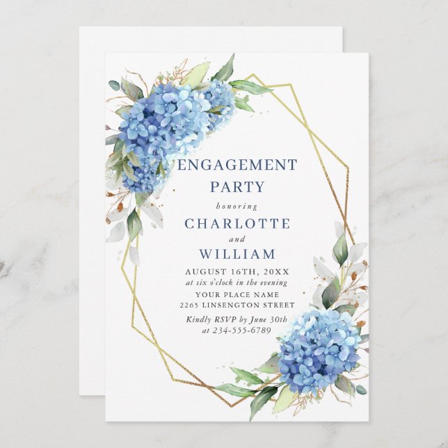 Elegant Watercolor Blue Hydrangea ENGAGEMENT PARTY Invitation (Front/Back)