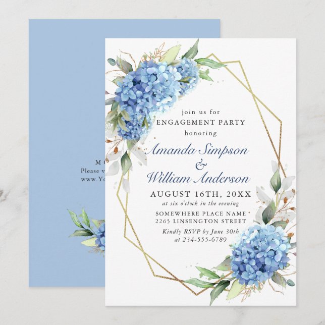 Elegant Watercolor Blue Hydrangea ENGAGEMENT PARTY Invitation (Front/Back)