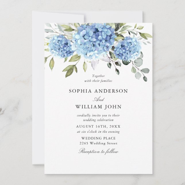 Elegant Watercolor Blue Hydrangea Flora Wedding Invitation (Front)