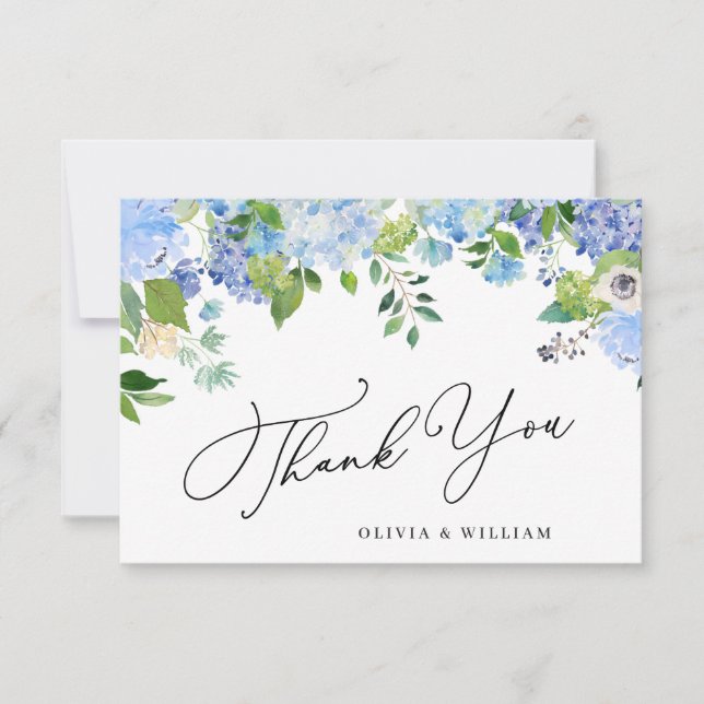 Elegant Watercolor Blue Hydrangea Floral Thank You Card (Front)