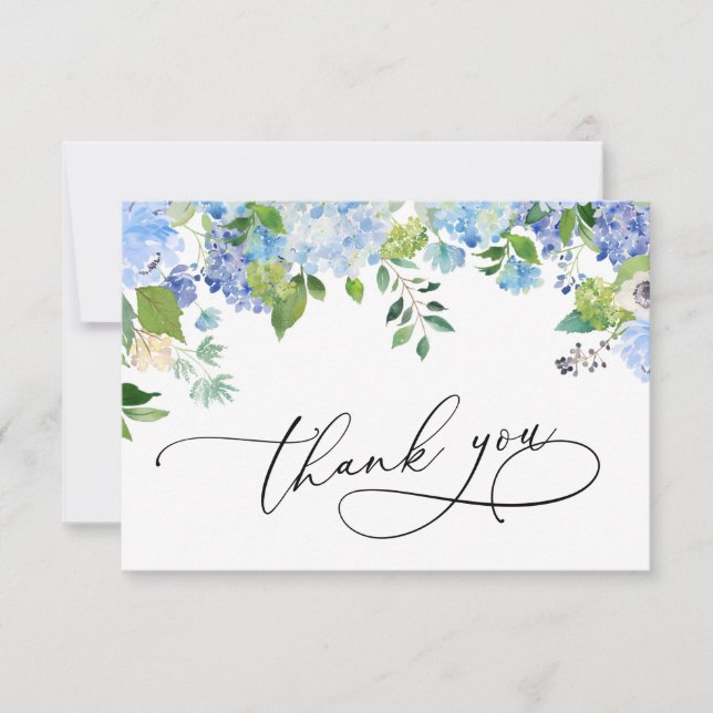 Elegant Watercolor Blue Hydrangea Floral Thank You Card (Front)