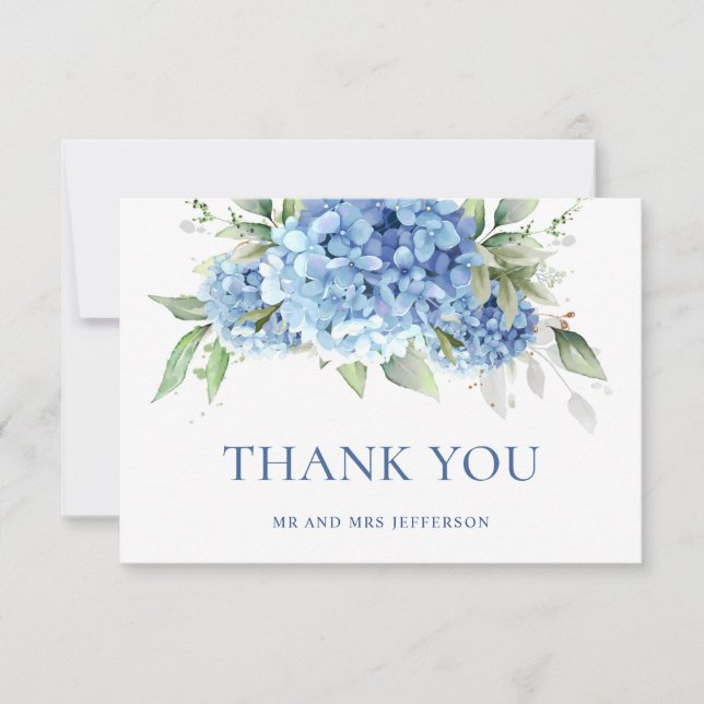 Elegant Watercolor Blue Hydrangea Floral Thank You Card (Front)
