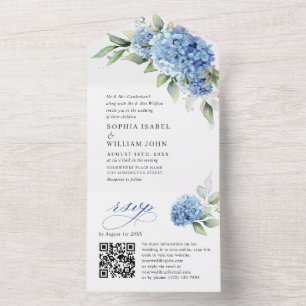 Elegant Watercolor Blue Hydrangea Floral Wedding All In One Invitation