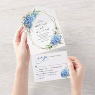Elegant Watercolor Blue Hydrangea Floral Wedding All In One Invitation