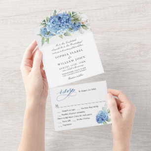 Elegant Watercolor Blue Hydrangea Floral Wedding All In One Invitation