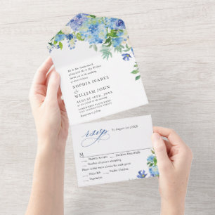 Elegant Watercolor Blue Hydrangea Floral Wedding All In One Invitation