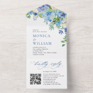 Elegant Watercolor Blue Hydrangea Floral Wedding All In One Invitation