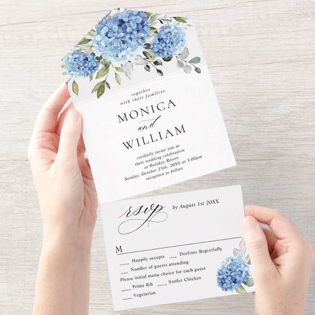 Elegant Watercolor Blue Hydrangea Floral Wedding All In One Invitation (Creator Uploaded)