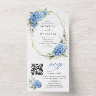 Elegant Watercolor Blue Hydrangea Floral Wedding All In One Invitation