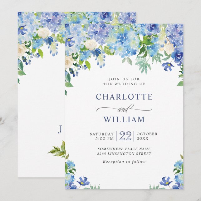Elegant Watercolor Blue Hydrangea Floral Wedding Invitation (Front/Back)