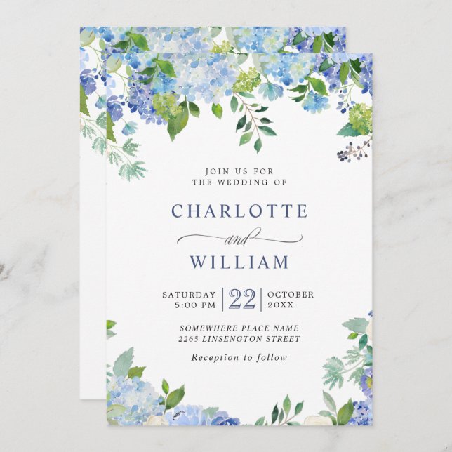 Elegant Watercolor Blue Hydrangea Floral Wedding Invitation (Front/Back)