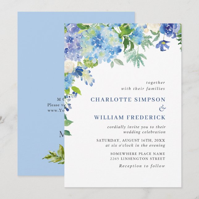 Elegant Watercolor Blue Hydrangea Floral Wedding Invitation (Front/Back)