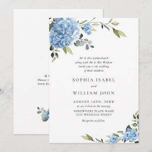 Elegant Watercolor Blue Hydrangea Floral Wedding Invitation