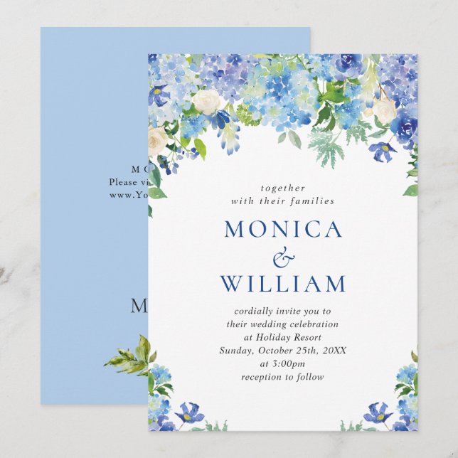 Elegant Watercolor Blue Hydrangea Floral Wedding Invitation (Front/Back)