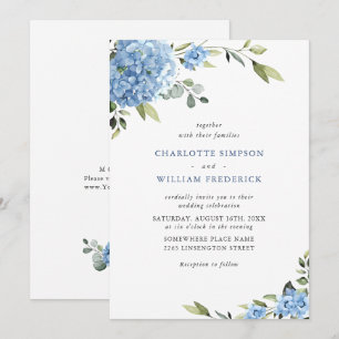 Elegant Watercolor Blue Hydrangea Floral Wedding Invitation